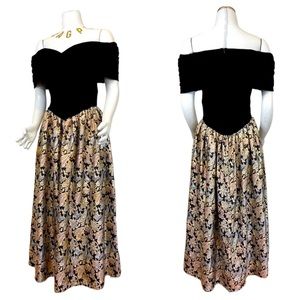 JESSICA McCLINTOCK Vintage Velvet & Brocade Off Shoulder Dress, Black & Gold, 10